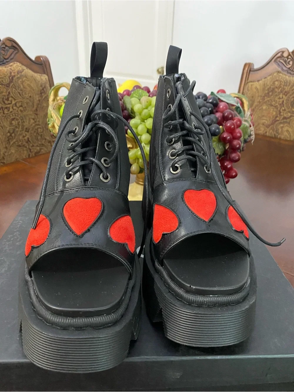 Black Platform Lace-Up Sandals with Red Heart Accents